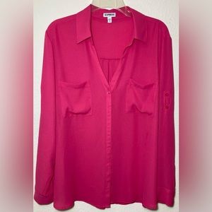 Express Portofino Button Down V Neck Blouse Long Roll Up Sleeve Pink Shirt XL